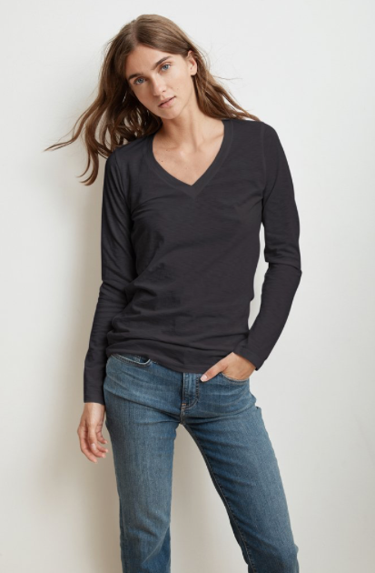 Crafted from Velvet's whisper cotton slub this long sleeve tee will be a welcome addition to every closet.  Featuring a flattering v neckline and a relaxed silhouette this is a fantastic all-rounder. 