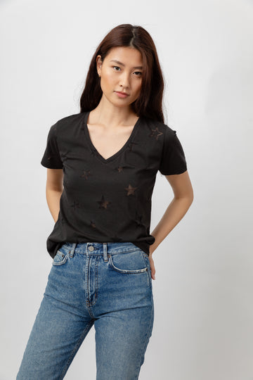 Easy, throw on tees are a wardrobe must-have and Rails have perfected our new favourite with their Cara tee. The V-neck, short sleeve tee comes in black with sheer stars throughout.  Perfect to wear with jeans and trainers on weekends. 