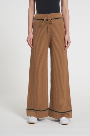 Super cool cashmere & wool blend wide leg trousers from ultra chic cashmere brand Madeleine Thompson.  In a gorgeous camel colour with a green stripe detail at the waist and cuff this looks fab paired with a tee and the matching Clover Cardigan for the ultimate in co-ord dressing!  Perfect for a cozy night in but equally wearable out and about with a chunky boot or trainer.  