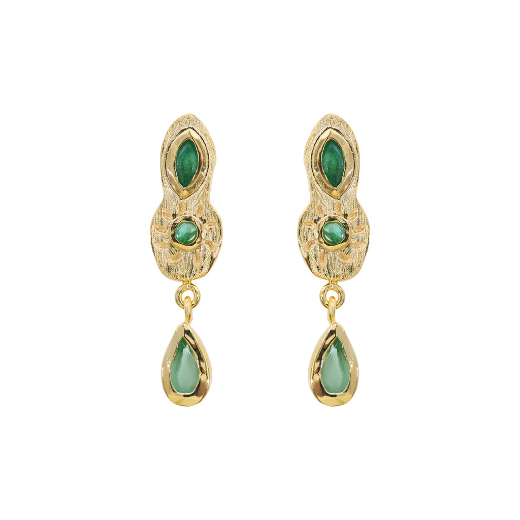The gorgeous brushed gold plate Yael Earrings feature a series of 3 emeralds - pear, marquise and round.  Theses delicate earrings definitely make a statement and deserve a place in your jewellery box.  Light as air these will elevate any outfit!