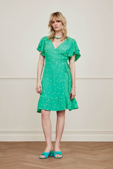 Everyone will be green with envy when they see you in the super feminine Archie dress from Fabienne Chapot!  Featuring short butterfly sleeves, a wrap around at the waist and a ruffle detail at the hem this is the epitome of easy Summer dressing.  Pair with a heel to dress up a bit or a trainer during the day.