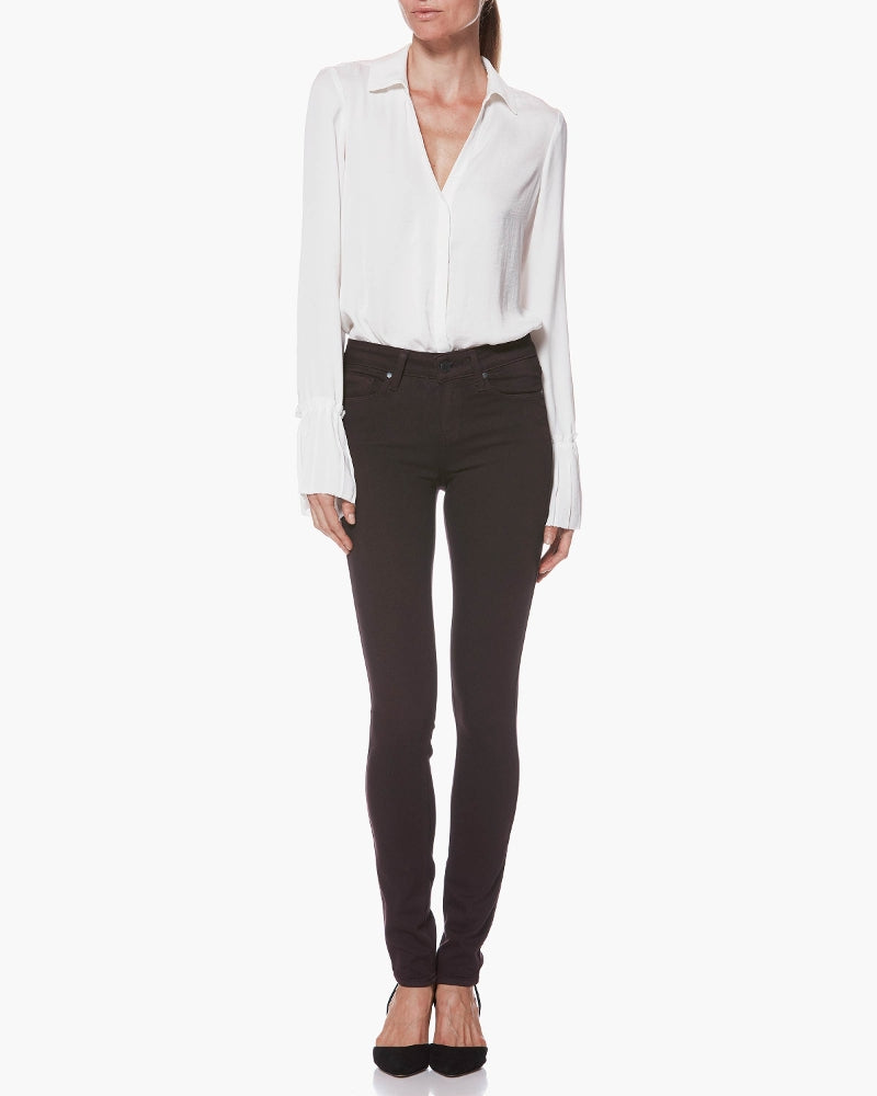 Verdugo, Paige's best-selling style, features an ultra skinny mid-rise fit. Made with their signature TRANSCEND fiber technology, these jeans provide supreme softness, stretch, and flexibility. This pair is highlighted in a deep wine colour detailed with tonal stitching and antique silver hardware for a clean and tailored finish.