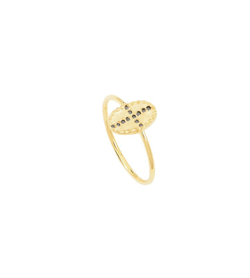 The By Bazile Black Ring from Louise Hendricks is gold plated and features a mini oval with black zircons set in the shape of an irregular cross. Pair with the matching earrings and bracelet in the same range.  