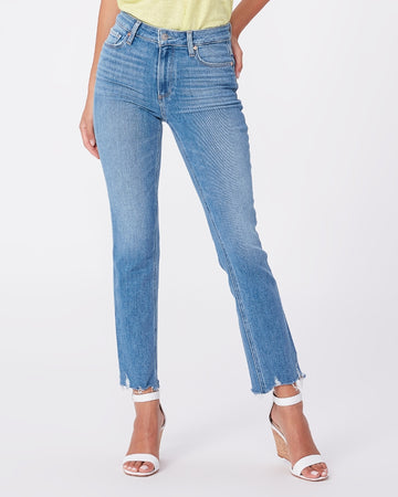 These high-rise, medium wash, straight jeans from Paige finish at the ankle with a raw, destroyed hem. Cut from PAIGE's Vintage denim, the combination of comfort and stretch provides everything you love about authentic vintage denim. These super soft jeans feel perfectly lived-in from your very first wear. 
