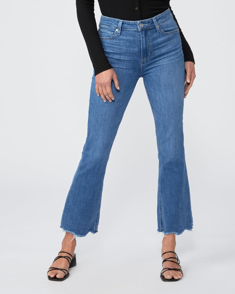 These vintage-inspired, high-rise ankle flared jeans from Paige feature lived-in details like the natural whiskering and frayed hem. Cut from their TRANSCEND VINTAGE denim, this style is incredibly comfortable and offers plenty of stretch.
