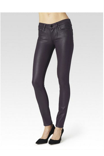 Paige's Verdugo Jean in Wine combines the brand's transcend fiber technology with a super gloss pigment that combines the look of leather with a silhouette that you can live in. The mid-rise Verdugo sits at the waist and fits through the hip, thigh and ankle for a true skinny fit. This denim is crafted with the luxe, Wine wax coating for a sleek look and true, rocker style.  52% Rayon 26% Cotton 18% Polyester 1% Spandex