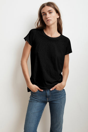 This short sleeve crew neck tee from Velvet by Graham & Spencer crafted from their whisper soft cotton slub with a slightly shorter sleeve and a relaxed silhouette is a tee you will reach for again and again. We would suggest getting them in every colour!